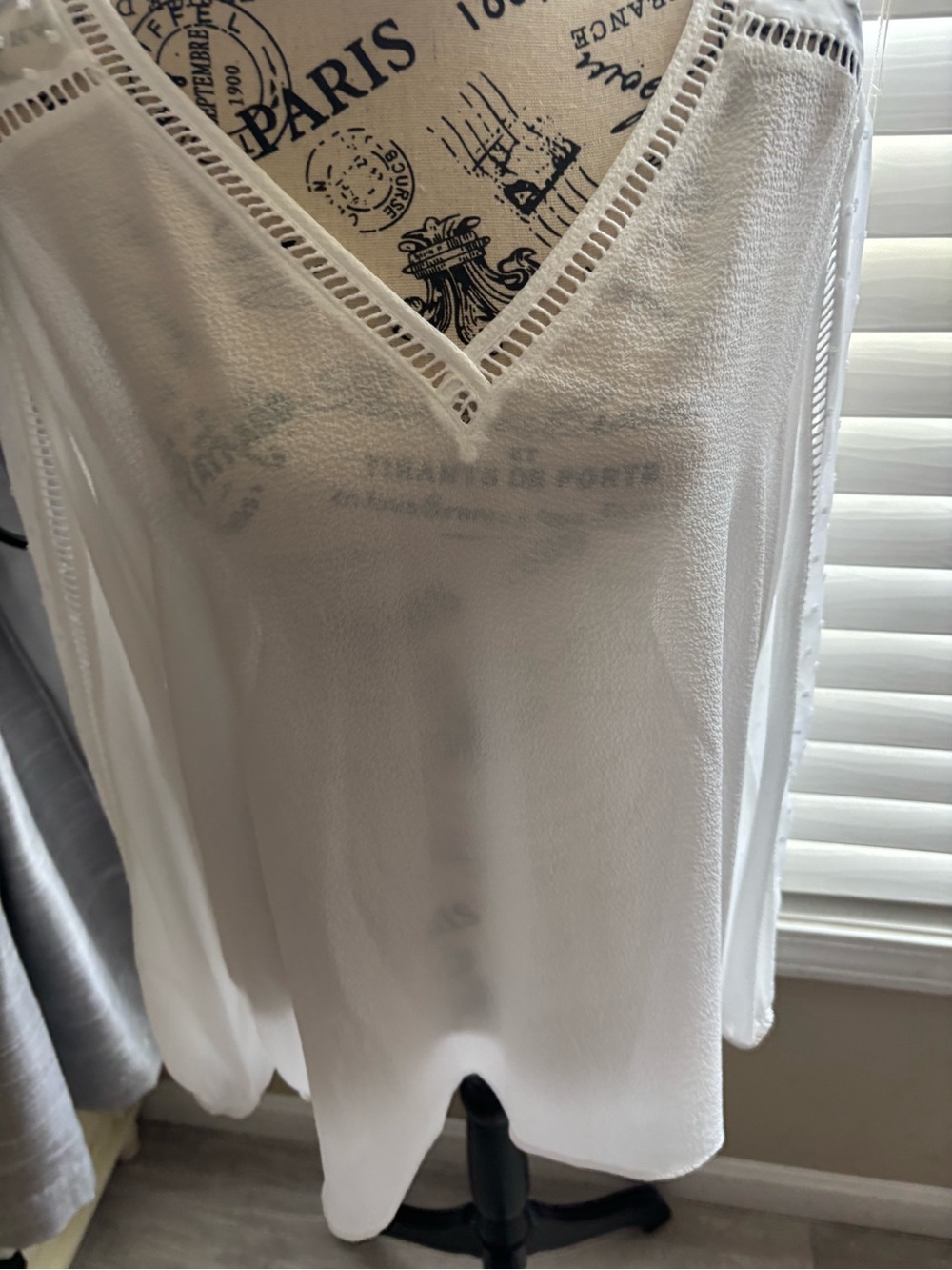 Express White V-Neck Semi-Sheer Blouse with Eyelet Trim